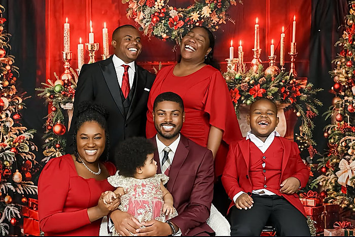 A family in red and black on a Christmas set of candles, garland and a red backdrop
